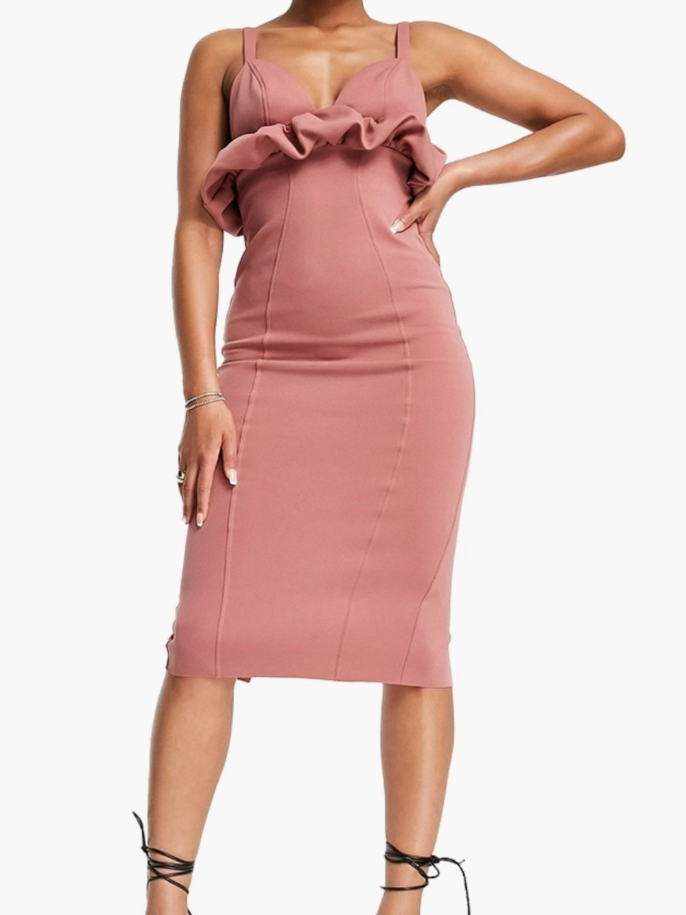 ASOS Mauve Ruffle Bust Midi Bodycon Dress - Picture 2 of 7